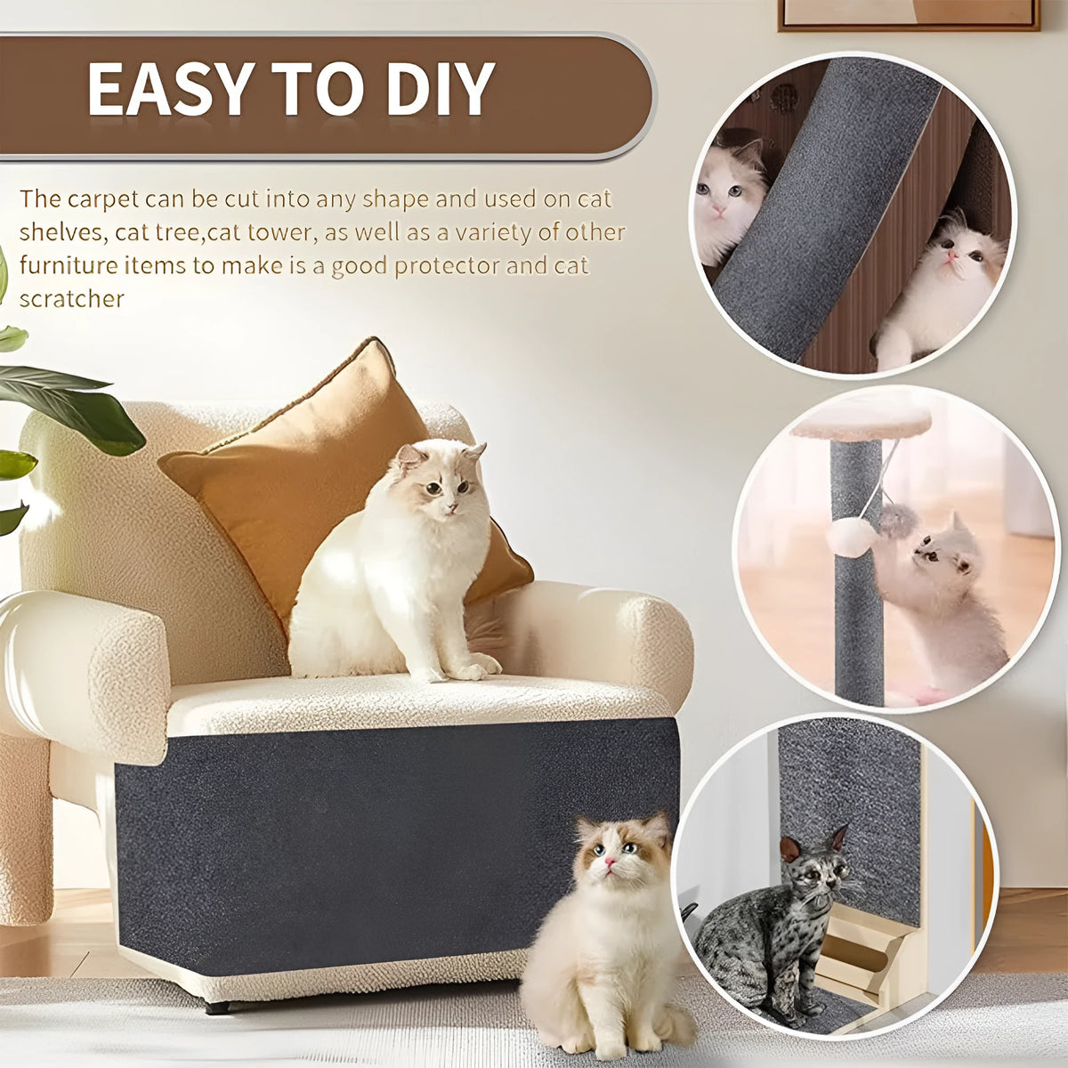 Self-adhesive cloth cat scratch carpet mat in 30x30cm or 40cm x 2m, eight colours