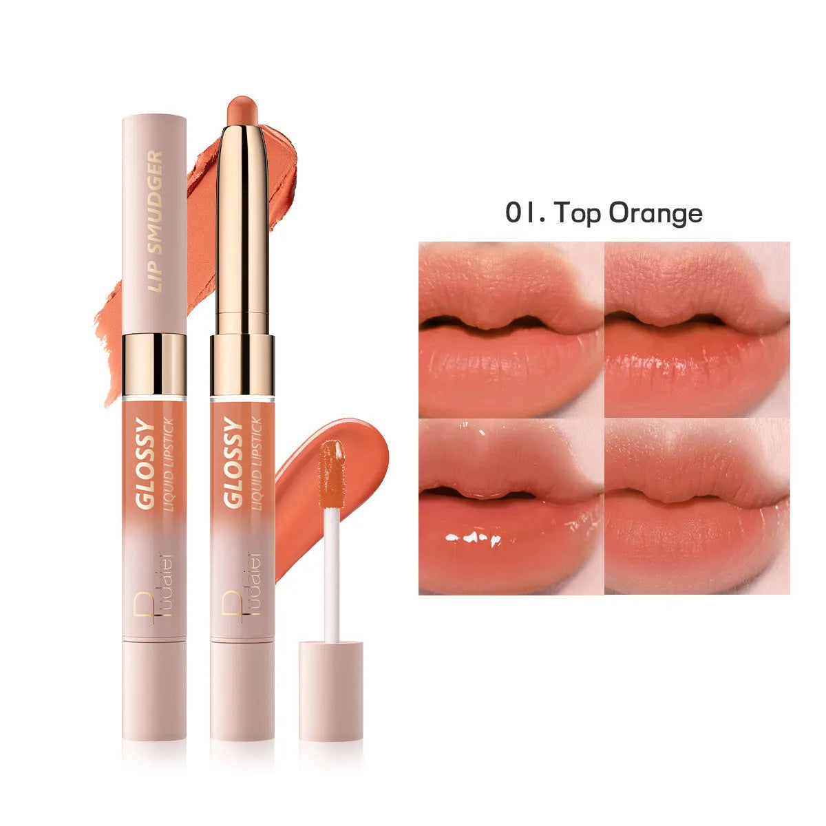 Double-headed lipstick and lip gloss product showing matte colour and gloss components