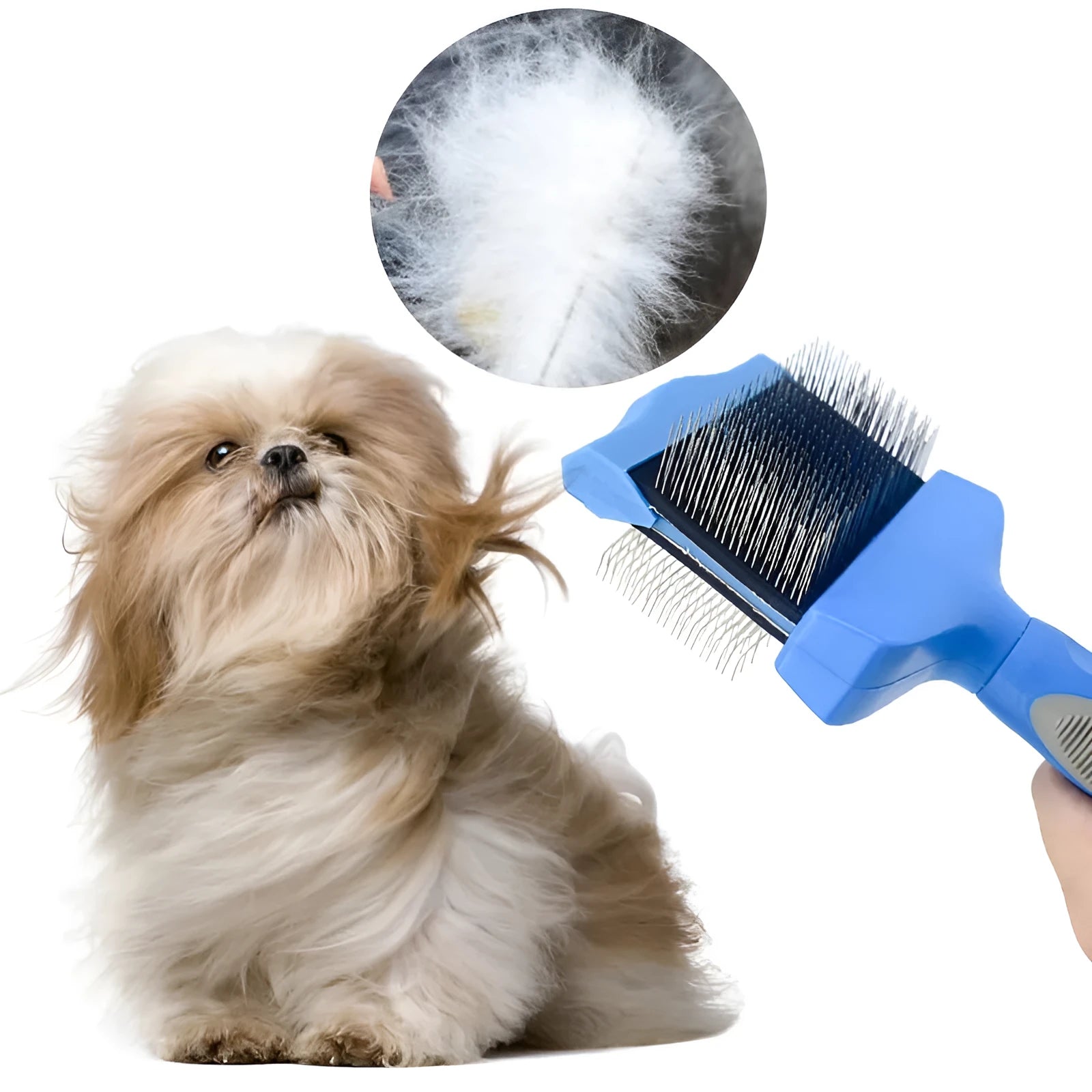 Blue double-sided pet brush with stainless steel pins next to a pink large version on a wooden surface.