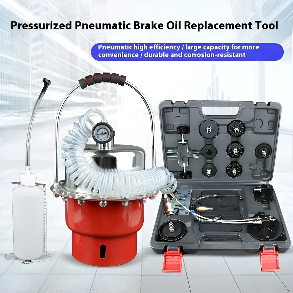 Steel-frame pneumatic brake fluid replacement tool with large tank, pressure gauge, regulator, and clear drain pipe on a workshop bench.