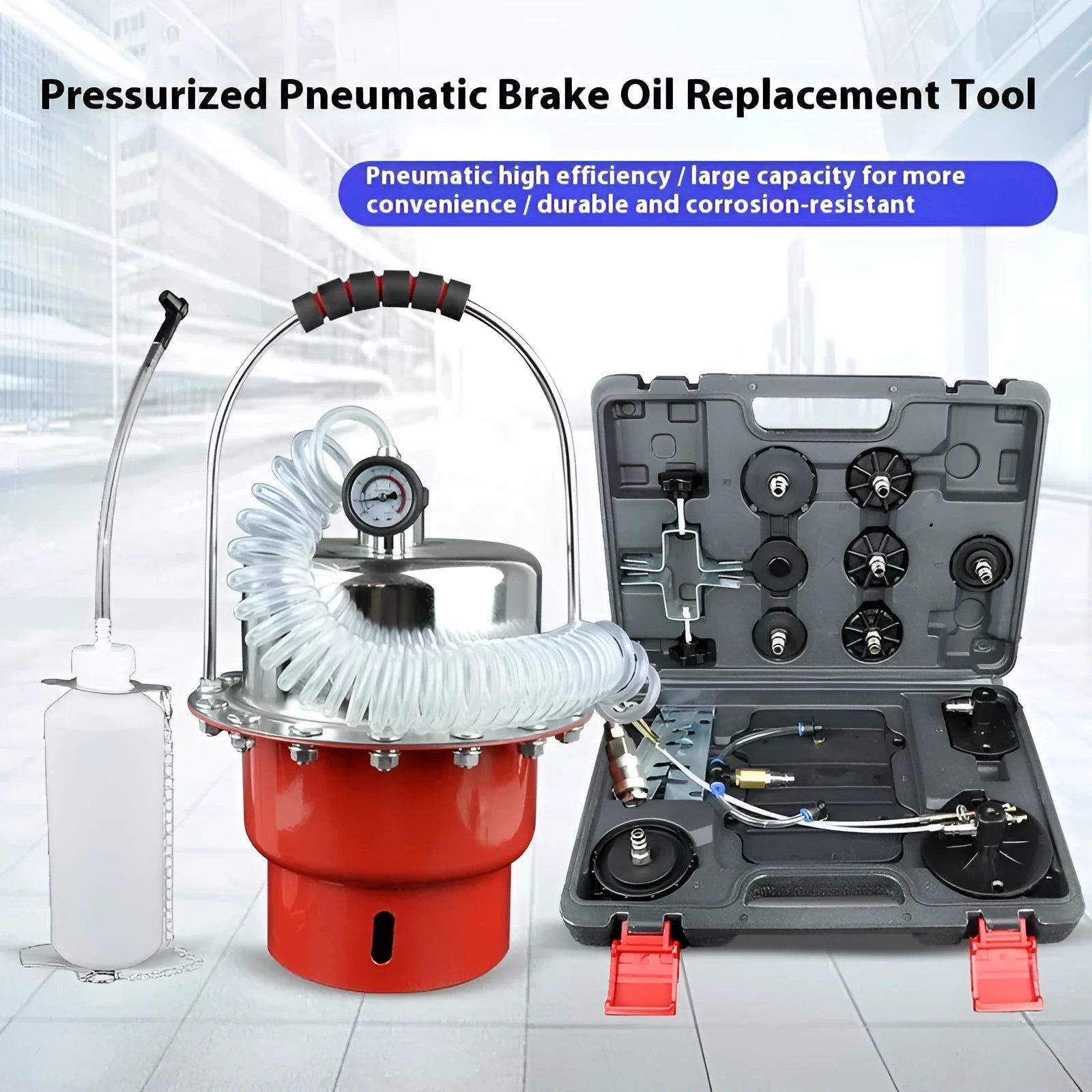 Steel-frame pneumatic brake fluid replacement tool with large tank, pressure gauge, regulator, and clear drain pipe on a workshop bench.
