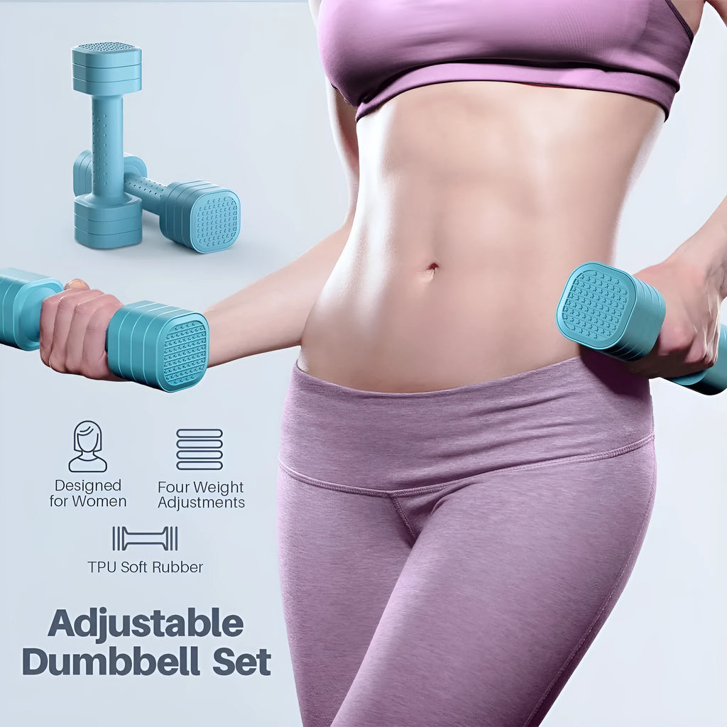 Women's detachable 5lb dumbbells in pink, blue, black, and purple colours for fitness training
