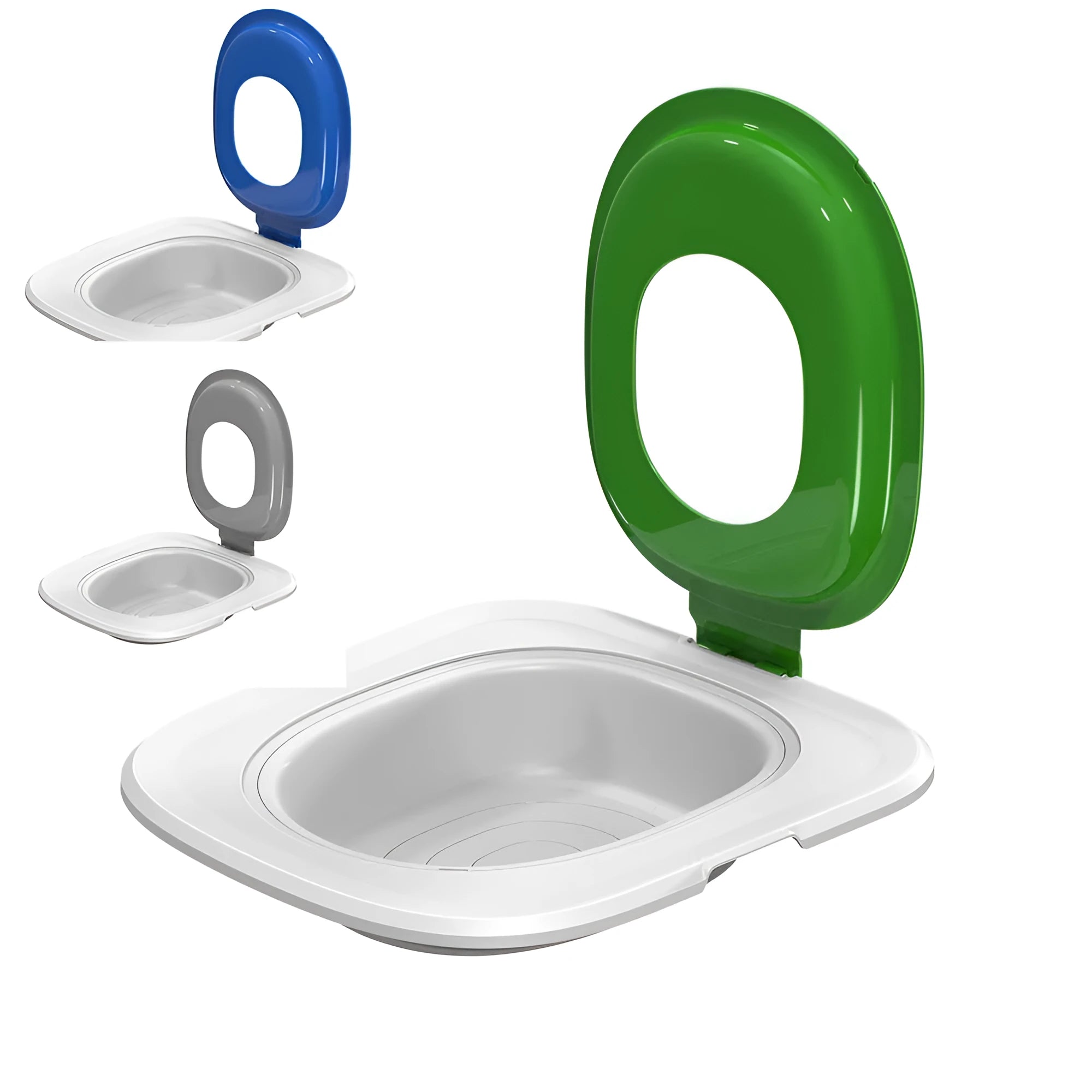 Fifth generation grey cat toilet trainer with high sides on a white background.