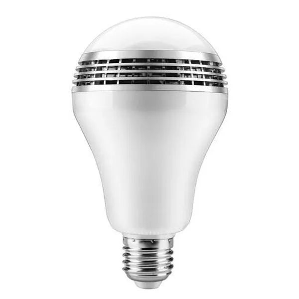 Creative Home LED smart bulb with Bluetooth speaker in E27 fitting showing dimensions and RGB lighting
