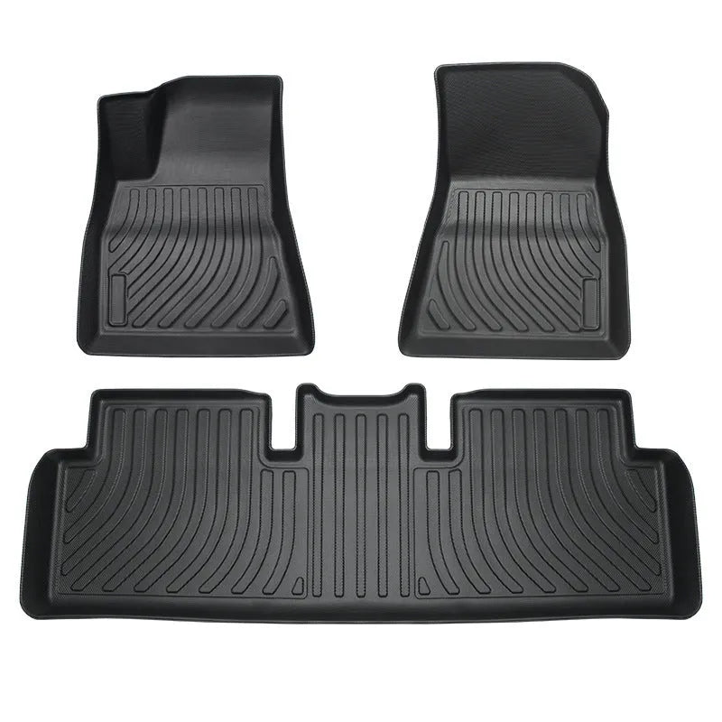 Custom fit rubber and TPE floor mats for Tesla Model 3 Model Y Model S Model X 2023 showing trunk and footwell coverage