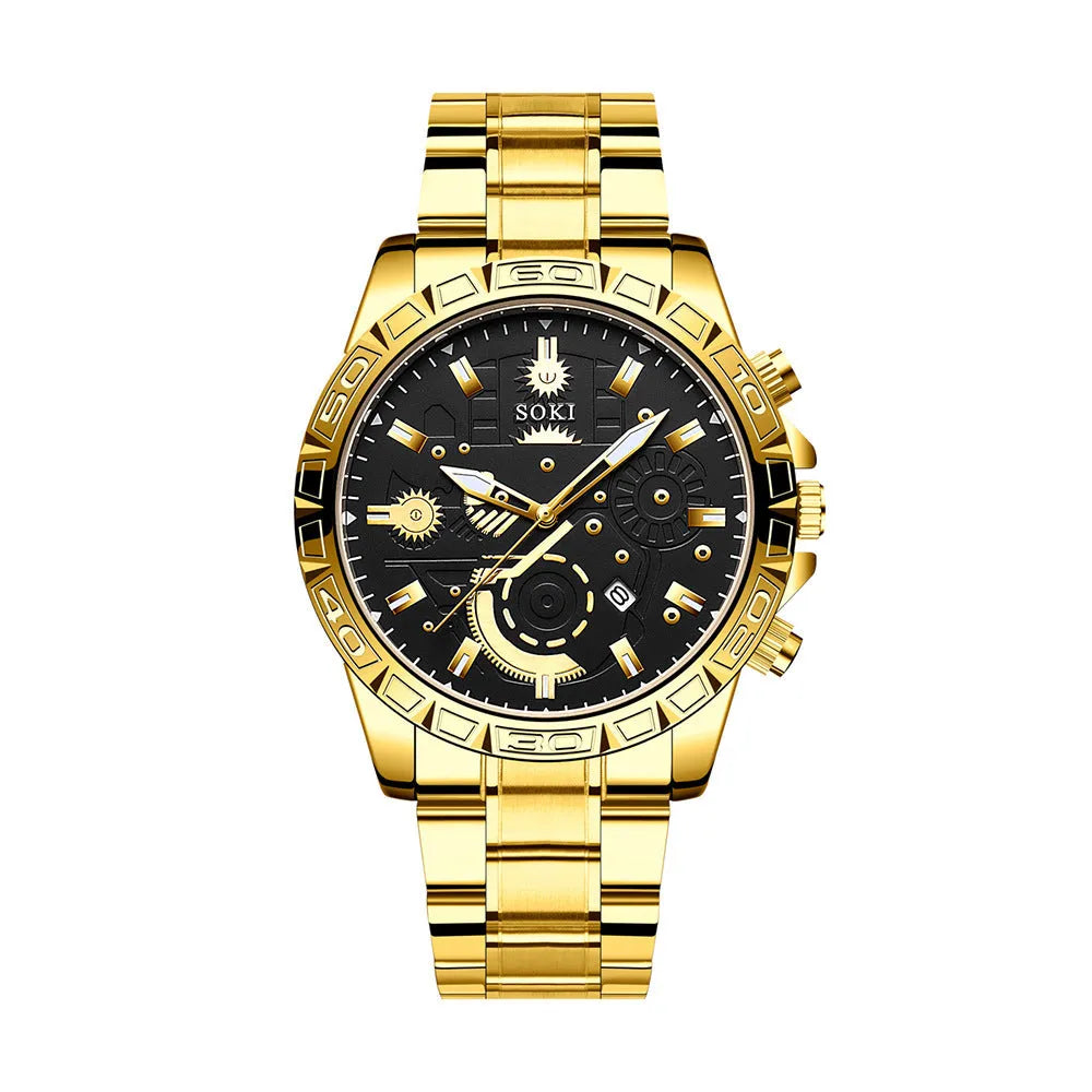 Men's gold quartz wristwatch with stainless steel band and 10mm thickness