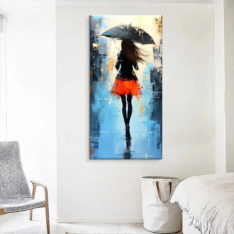 Hand-painted modern abstract people oil painting on canvas showing a walk in the rain, vertical single panel without frame
