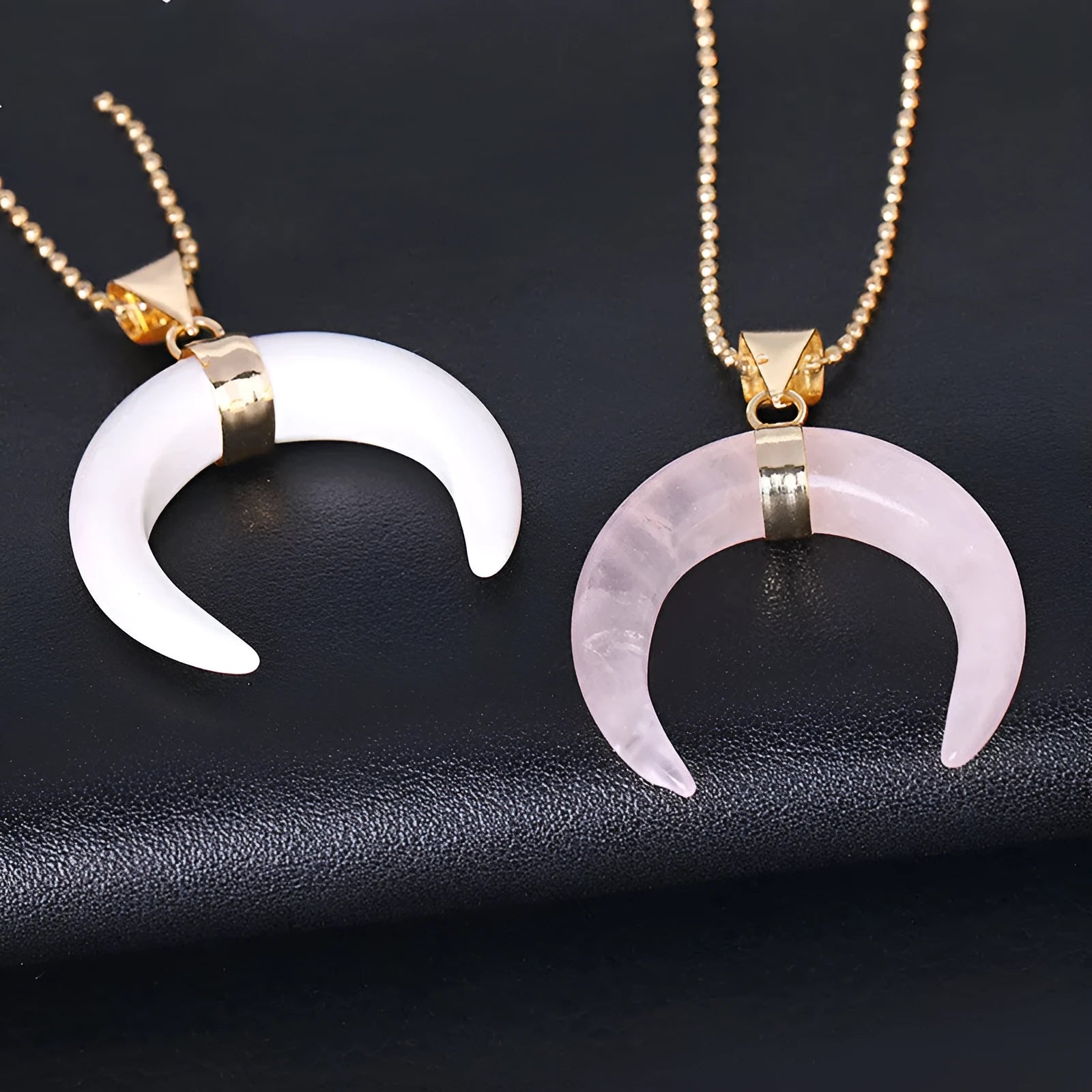 Natural semi-precious stone moon pendant necklace on electroplated copper chain with adjustable length