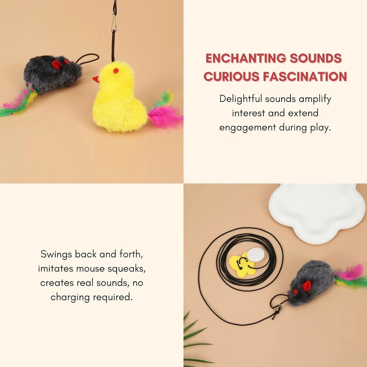 Interactive hanging cat toy with swinging mouse and chicken attachments, treat bulb, and retractable elastic rope