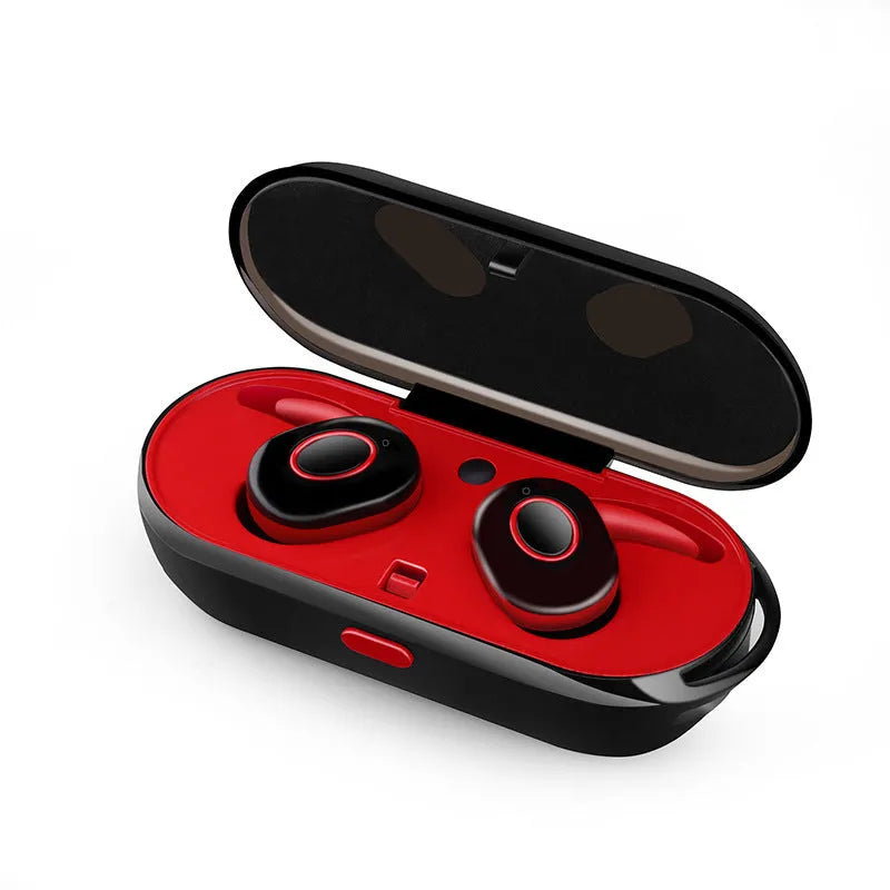 Compact wireless Bluetooth in-ear headphones in black, green, red, or white colours, designed for sports with noise reduction.