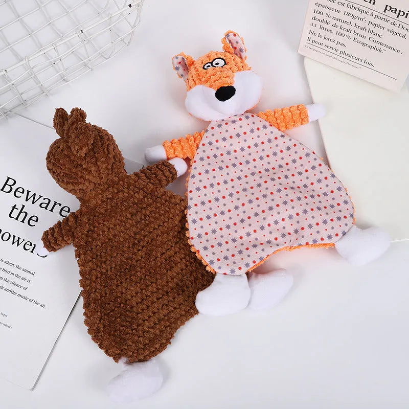 Brown velvet fox elephant pet toy with crinkly paper sound effects inside for cats and dogs