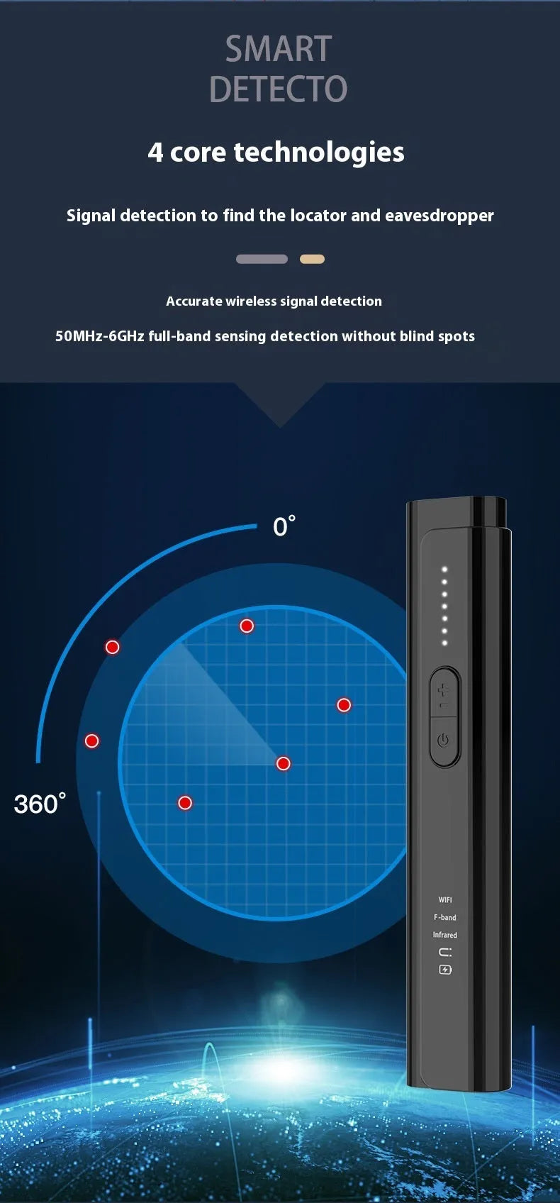 Signal Search anti spy camera detector in black or silver measuring 160mm by 88mm by 47mm