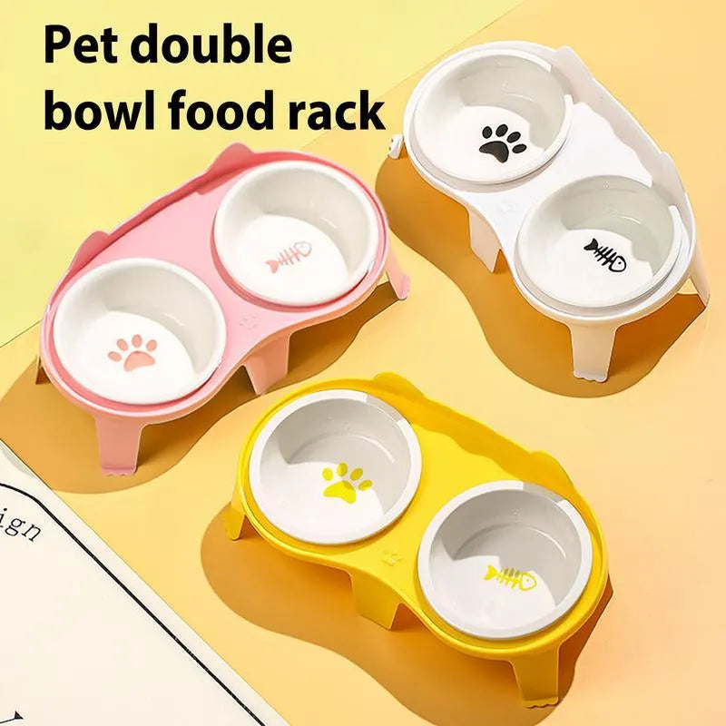 Ceramic cat food and water bowl set on elevated tilted stand with hook design