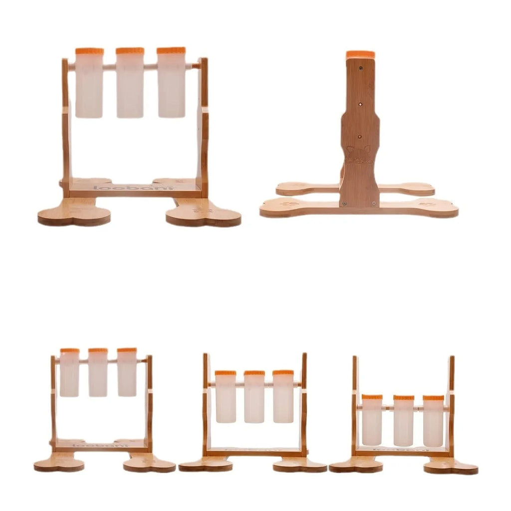 Wooden dog puzzle toy interactive feeder measuring 31x30x20cm in natural wood colour