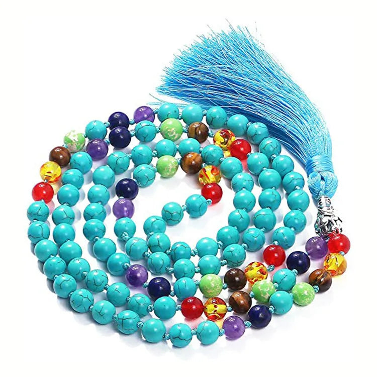 Geometric agate tassel necklace with colourful stone patterns and adjustable 95-100cm length