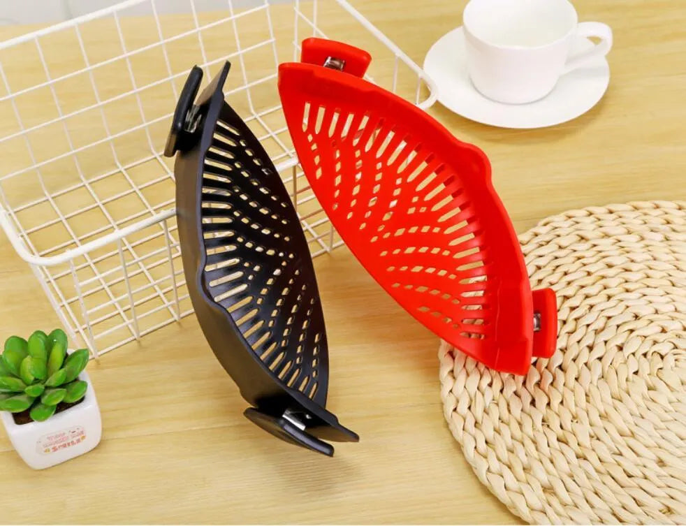 Silicone clip-on kitchen funnel strainer with stainless steel inner frame in blue colour.