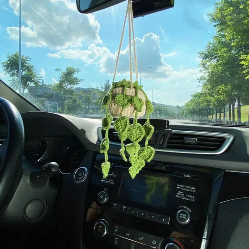 Green and white knitted wool car plant decoration hanging from 25cm white rope