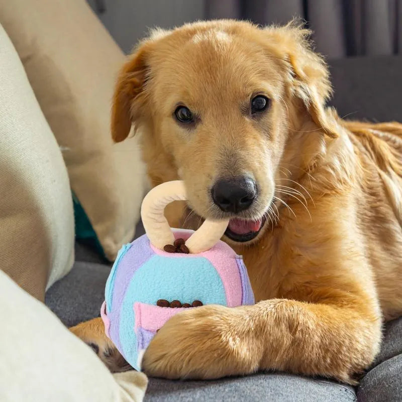 Pink and green polyester squeaky plush ball dog toy with snuffle pockets for treats