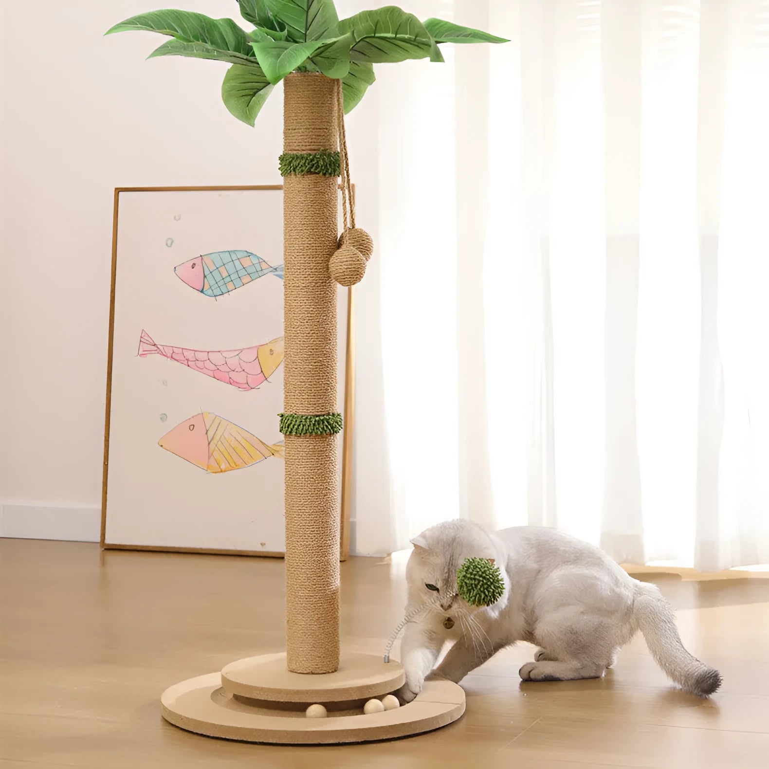 Vertical cat climbing frame with hemp rope scratching posts and density plate perches in canna colour