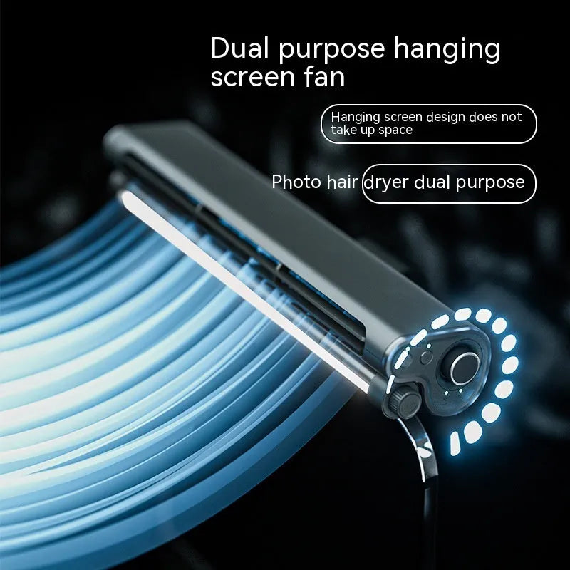 Black USB-powered bladeless clip-on fan attached to laptop screen with integrated LED lighting