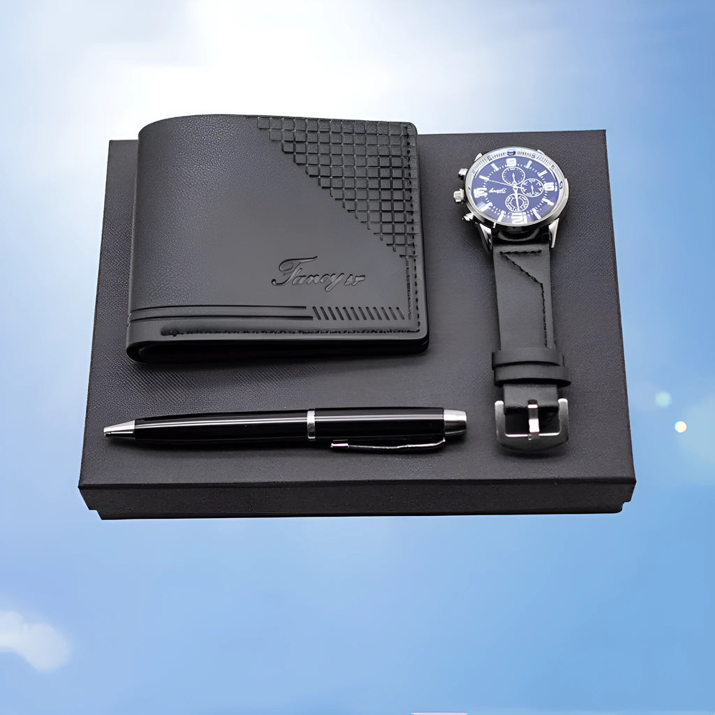 Creative holiday gift set featuring a watch, wallet, and pen in a modern simplicity style gift box.