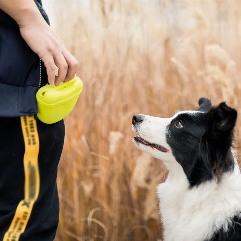 Silicone dog treat bag with clip attachment showing magnet closure and food-grade construction