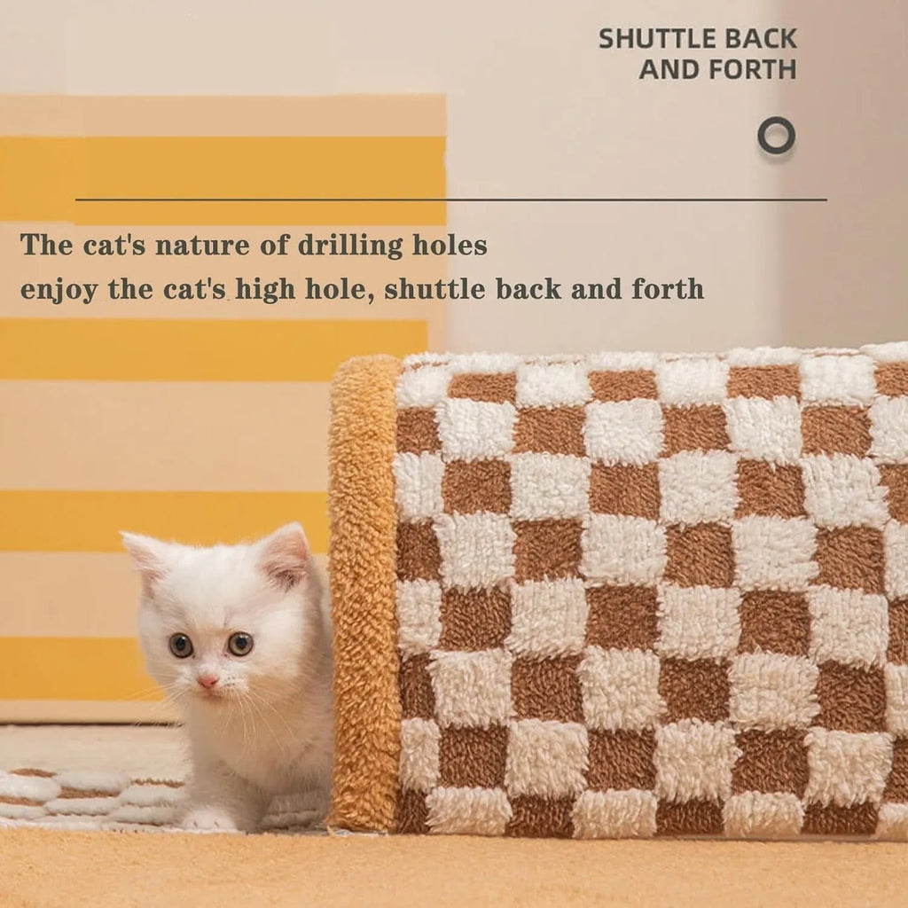 Brown plaid cat tunnel bed with central mat showing non-slip bottom and tunnel opening