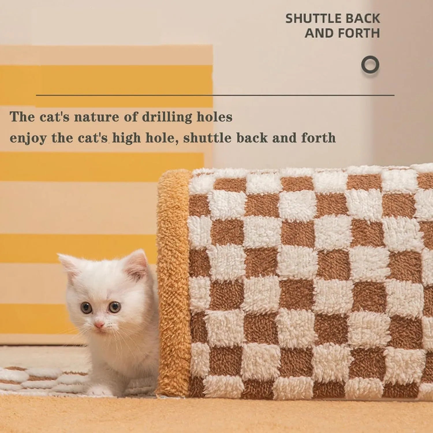 Brown plaid cat tunnel bed with central mat showing non-slip bottom and tunnel opening