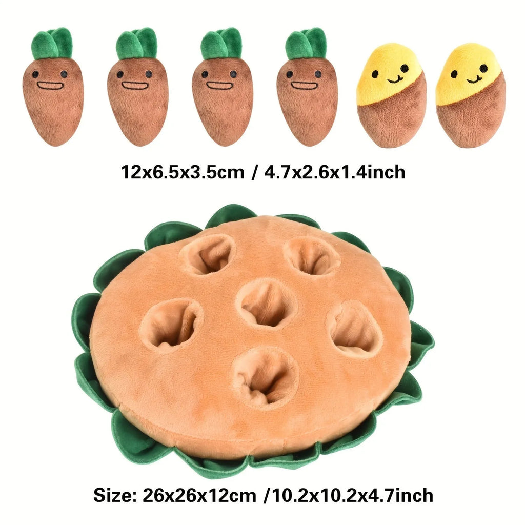 Yellow interactive dog puzzle sniffing pad with removable squeaky plush toys on a floor