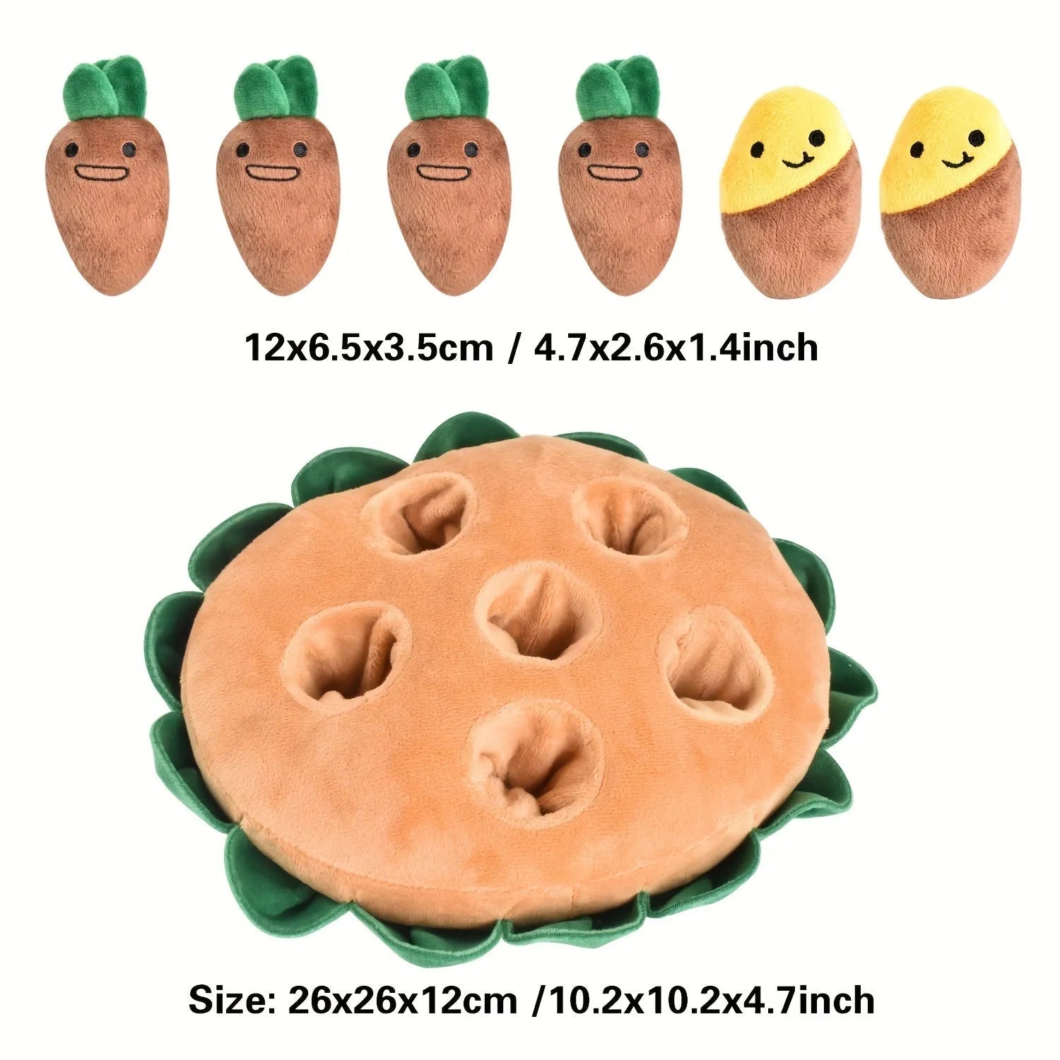Yellow interactive dog puzzle sniffing pad with removable squeaky plush toys on a floor