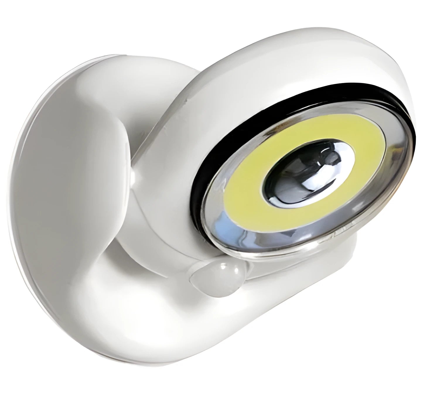 White Atomic Angel induction lamp with dimensions 13.3cm wide by 9.8cm deep by 15.8cm tall