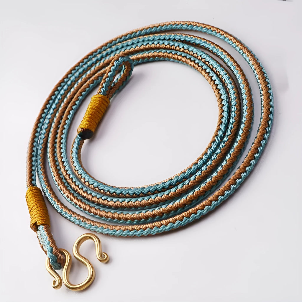 Gold peace buckle necklace with imitation pearl pendant and gemstone inlay on adjustable cord