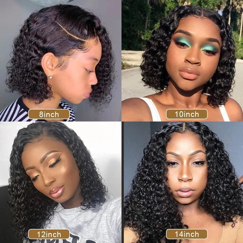 Black fluffy small curly front lace wig with long bangs, T-shaped lace, 8-16 inch lengths