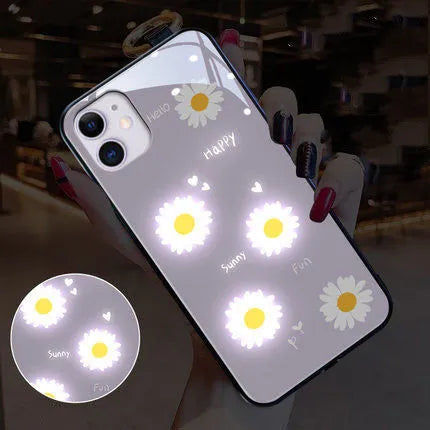 Luminous voice-activated iPhone case with painted daisy design in purple colour for Apple iPhone models.