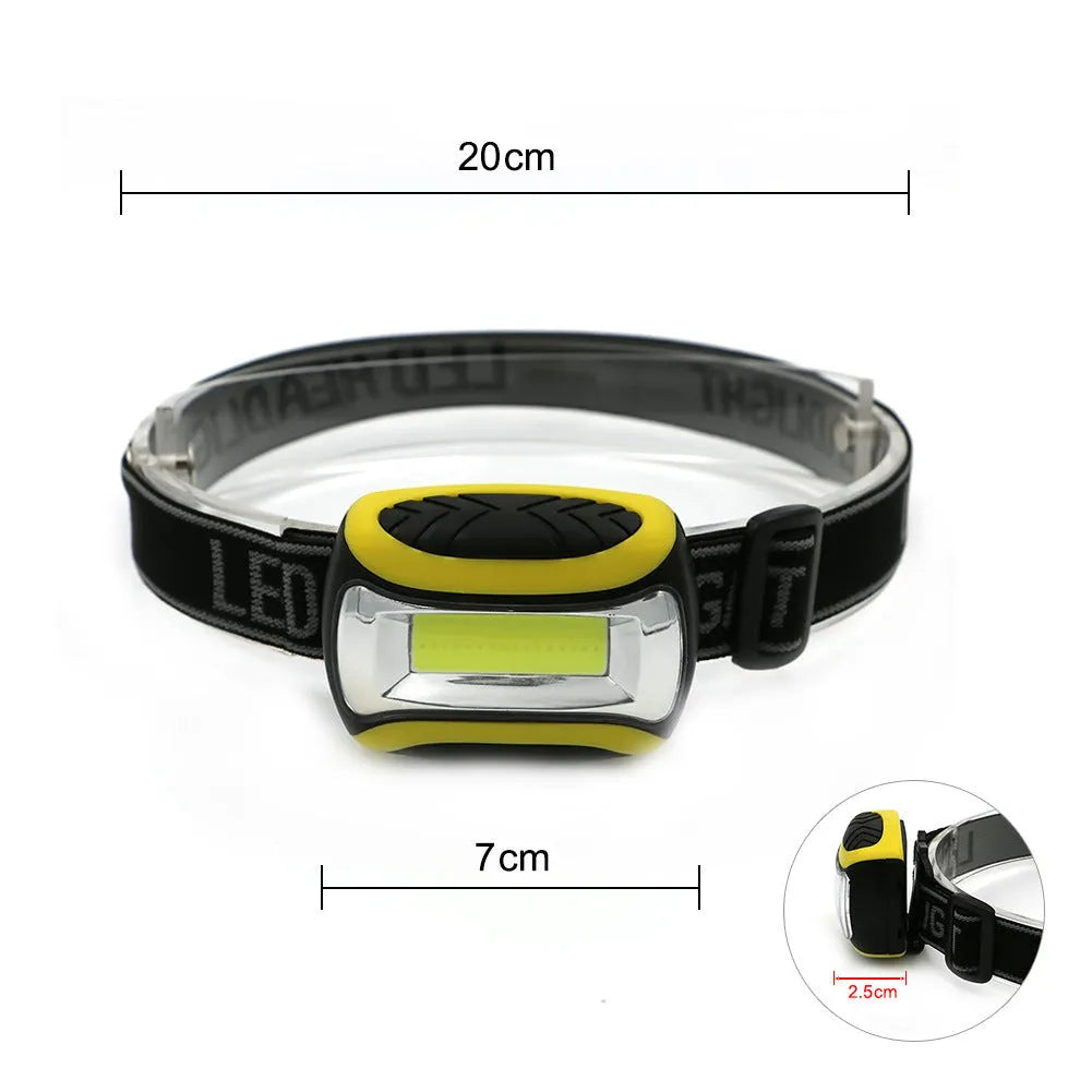 Yellow three-speed COB headlamp for outdoor night riding and hands-free work.