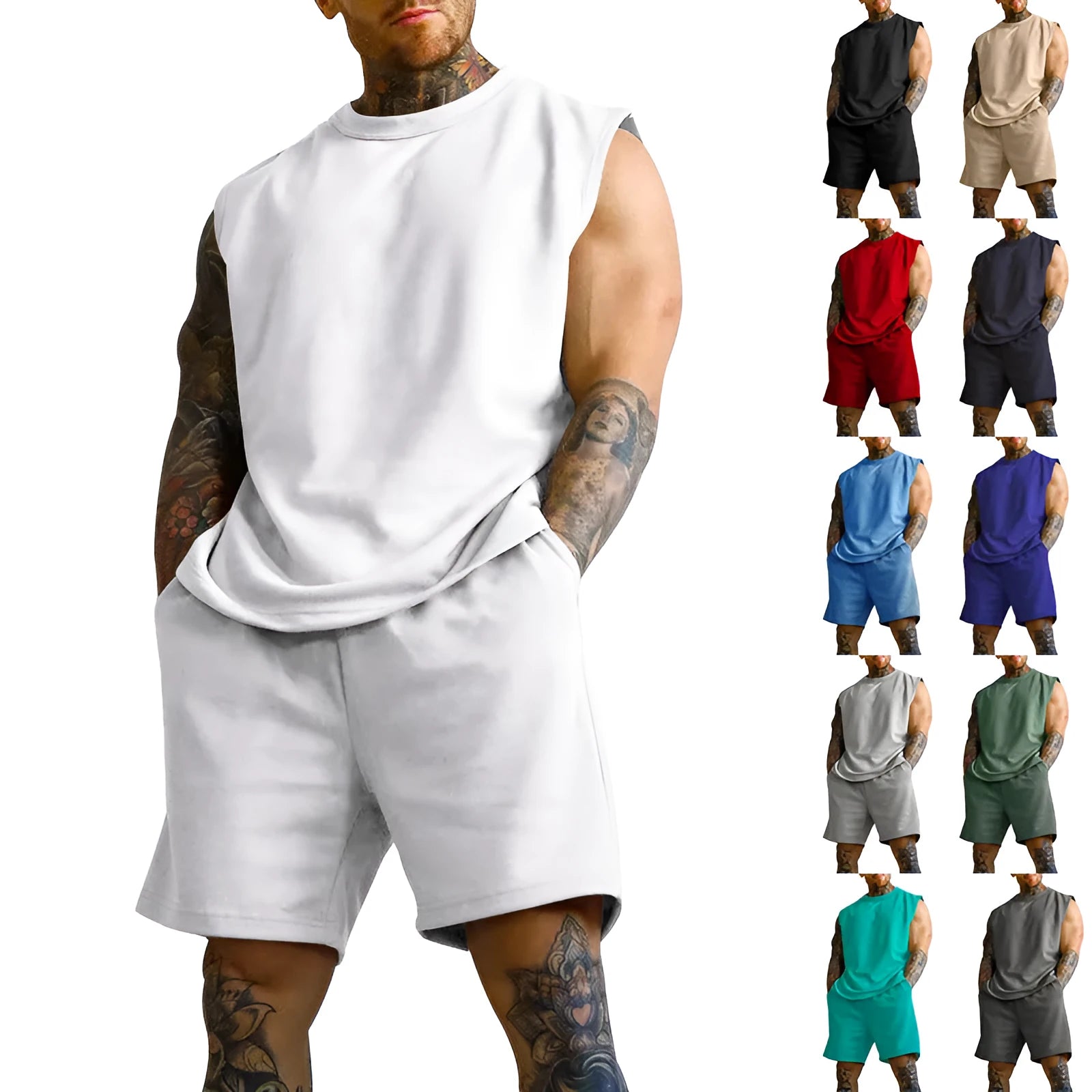 Men's sleeveless sports suit set in cotton blend fabric showing sleeveless top and matching shorts