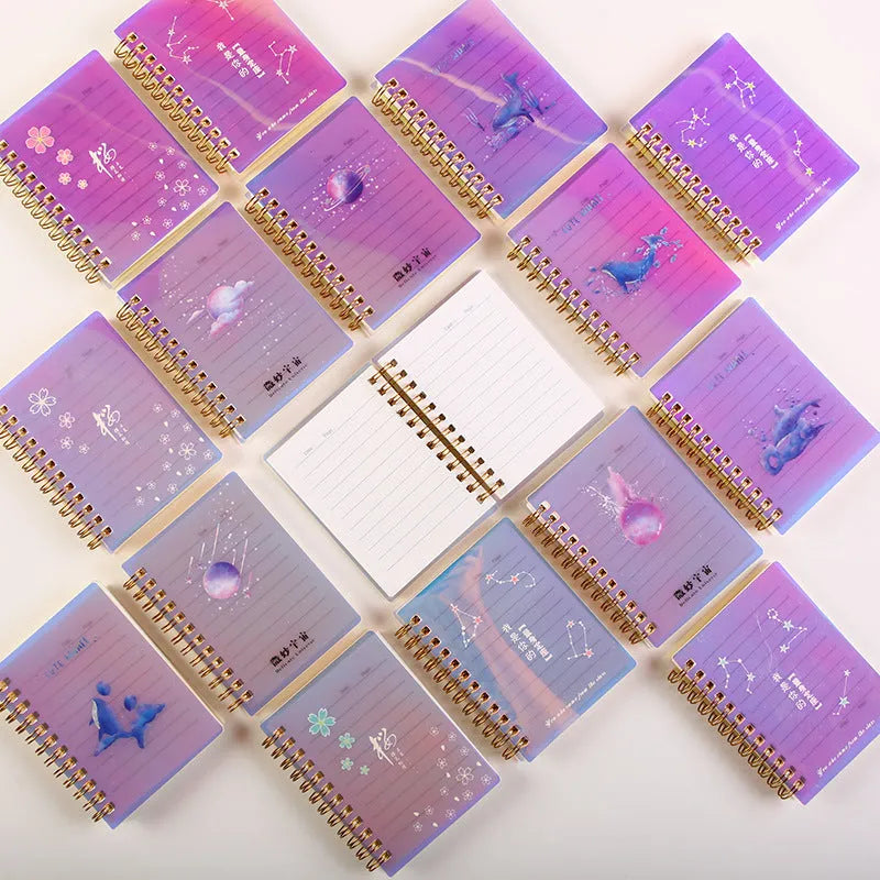 A7 rollover coil spiral notebook with PP plastic cover in Constellation, Sakura, Ocean, or Universe design.