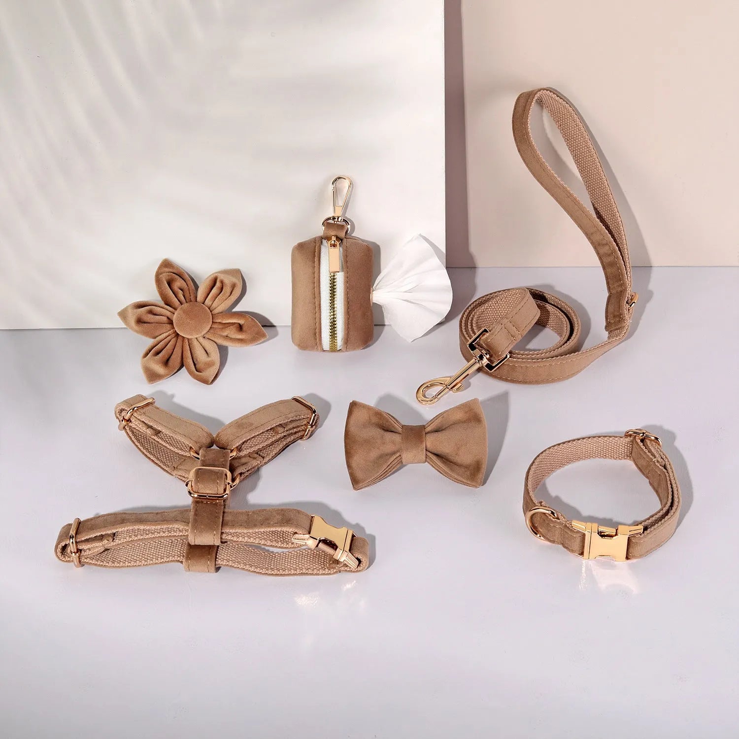 Classic velvet soft pet collar and traction rope set with chest strap, bow tie, flower and toilet bag accessories