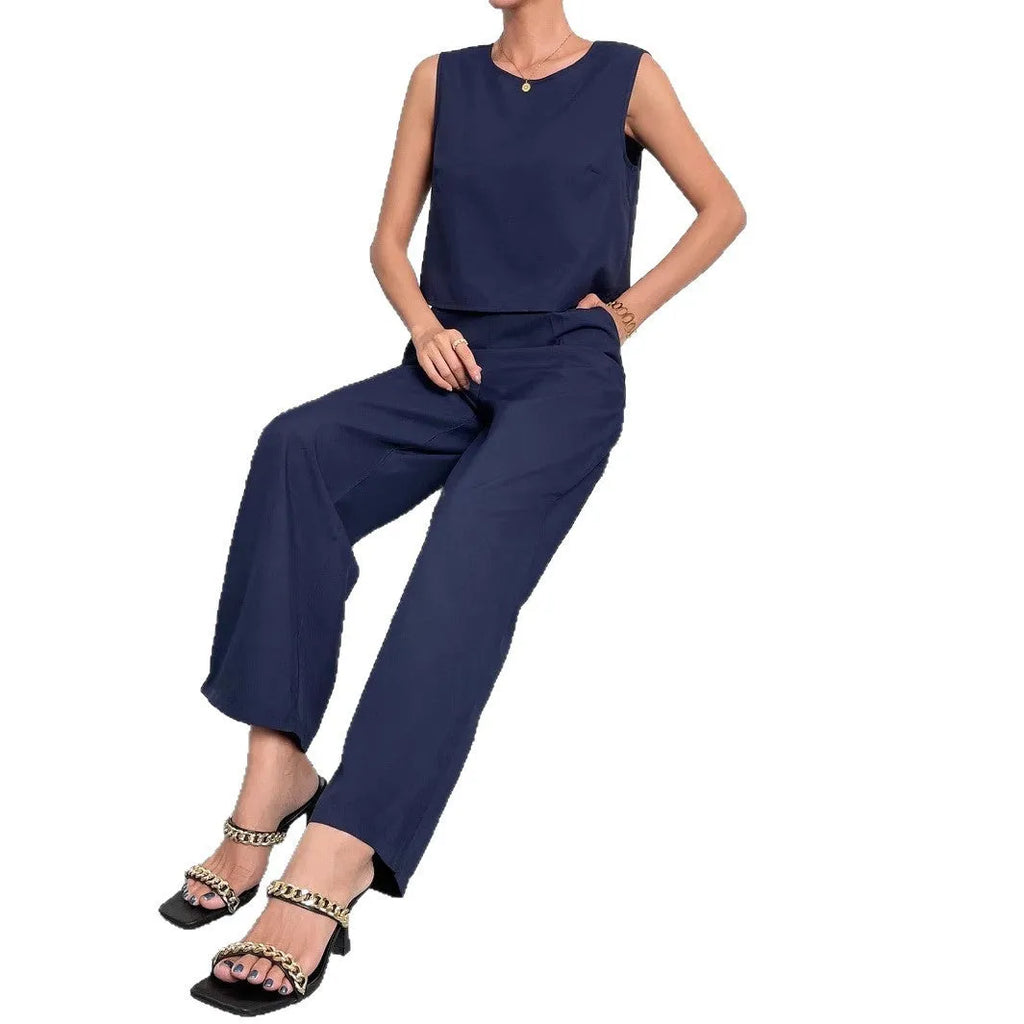 Women's red sleeveless top and wide leg trousers two-piece set on hanger