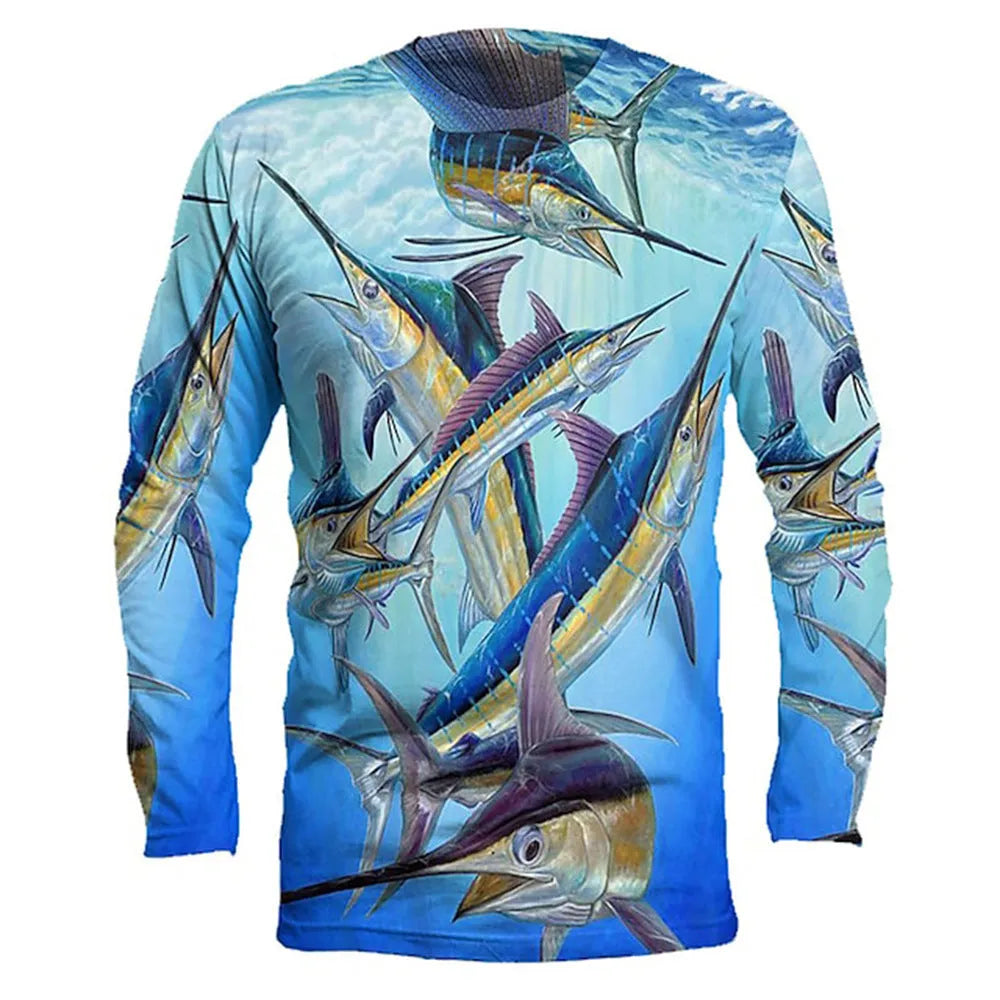 Men's long-sleeved pullover top with a printed fish motif on the front.