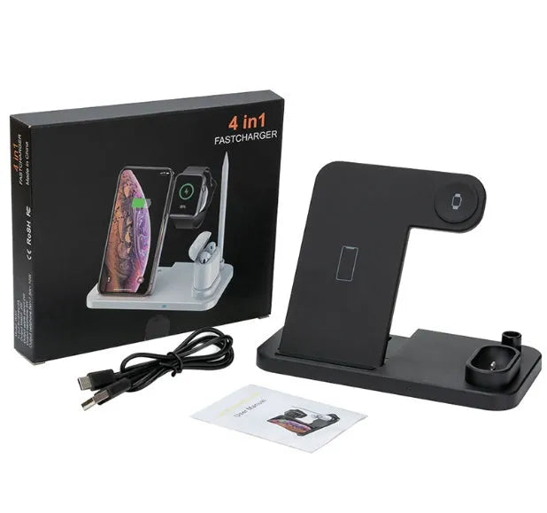 4-in-1 wireless charging station showing phone, Apple Watch, and AirPods charging on adjustable magnetic stand.