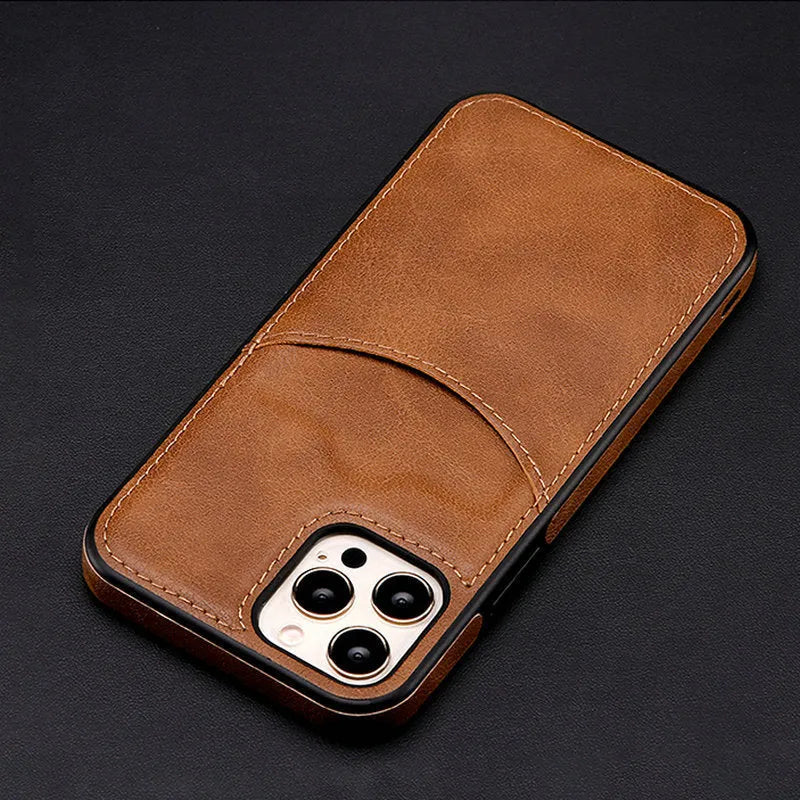 Dark blue PU leather protective case for iPhone, shown from the back.