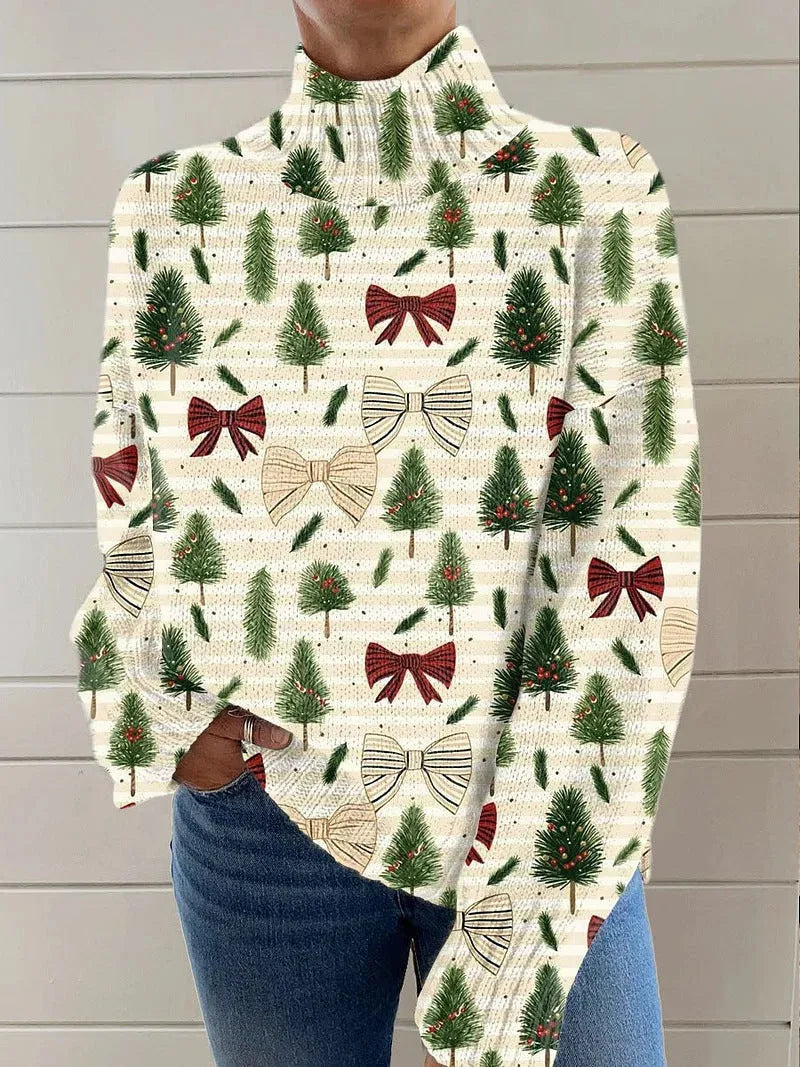 Women's Christmas printed turtleneck sweater in loose fit with festive painting pattern design