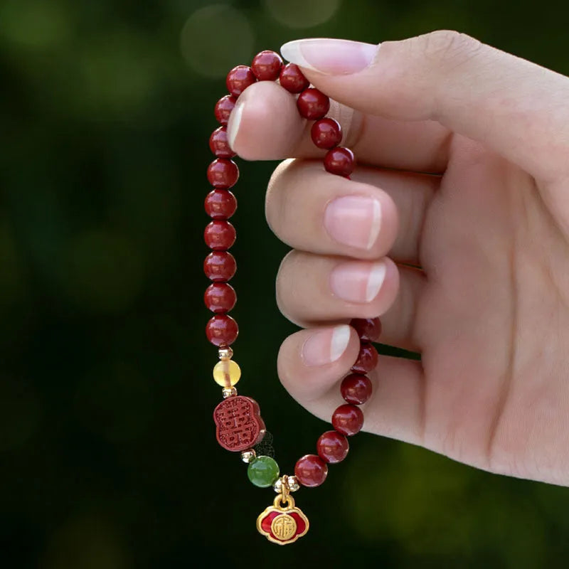 Emperor Sandstone cinnabar bracelet with fu character design in New Chinese style