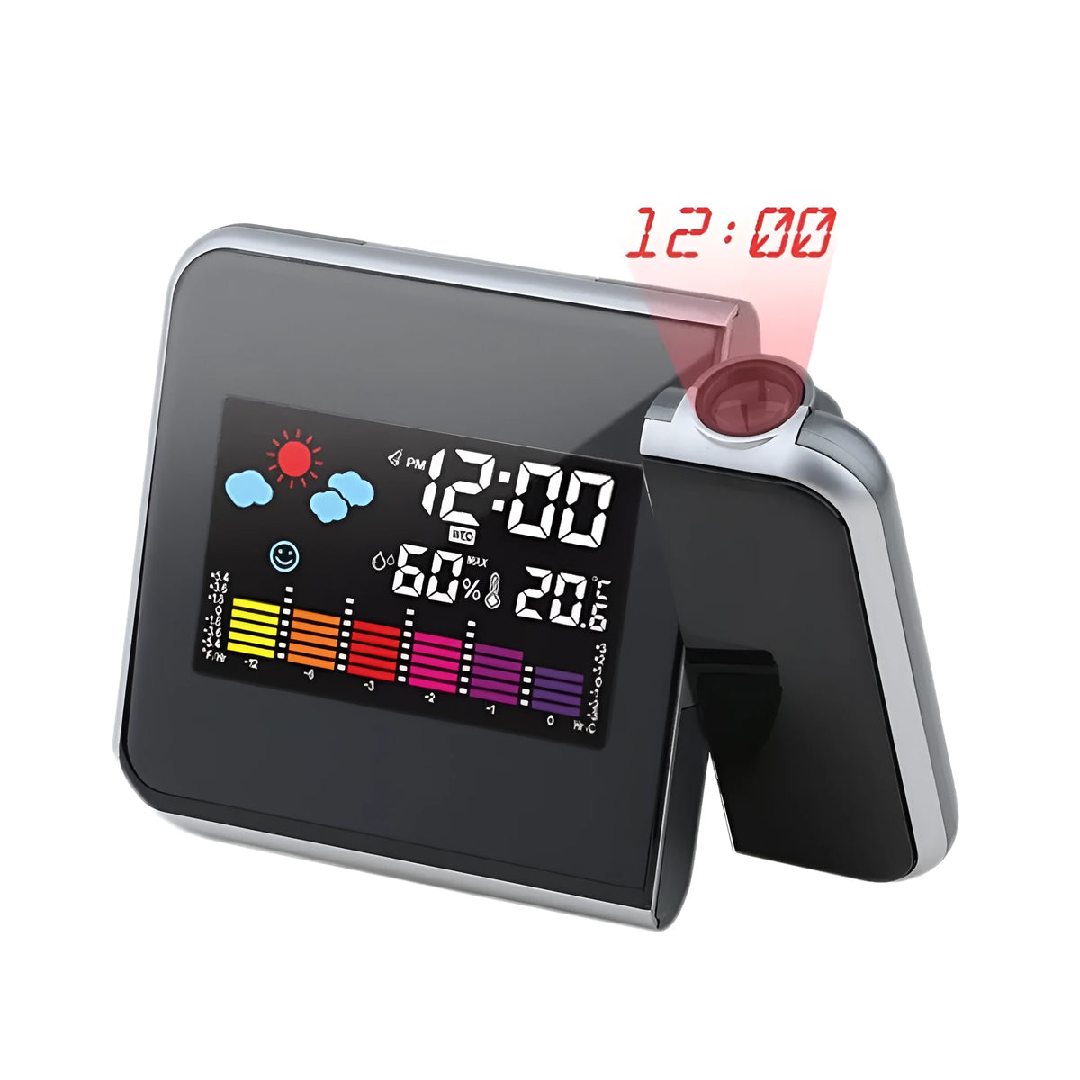 Black digital projection alarm clock with temperature and humidity display on bedside table