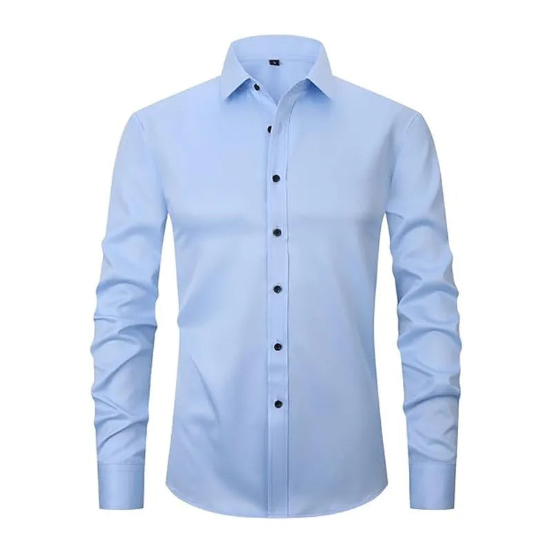 Men's stretch long sleeve work shirt in polyester fibre, showing colour options and sizing details.