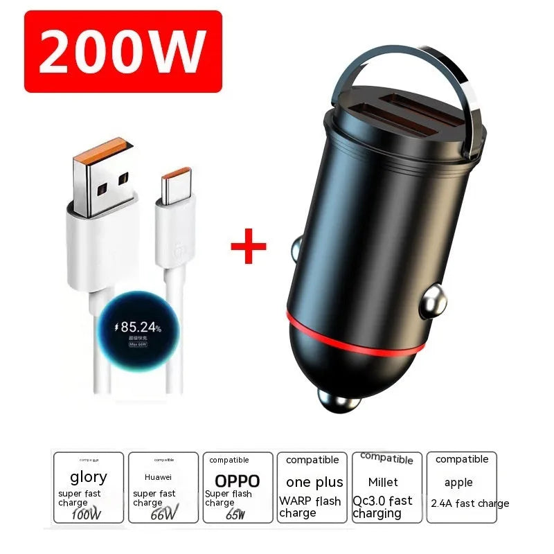 Black 200W car charger with zinc alloy construction measuring 38mm