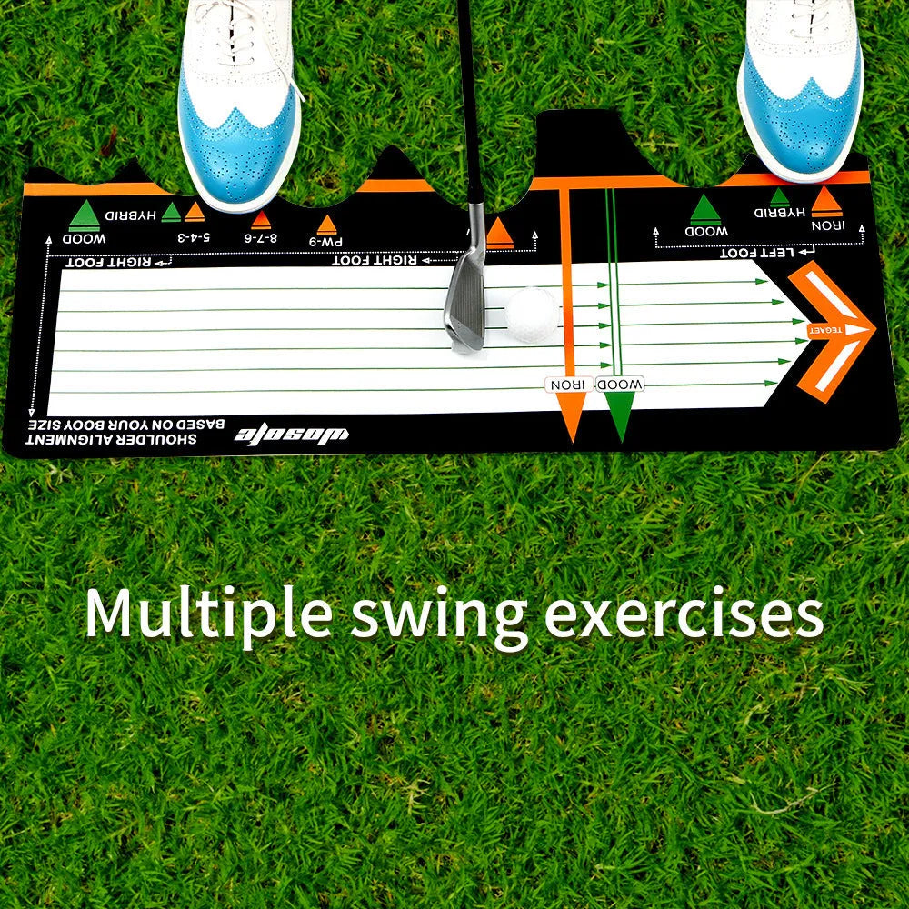 Black neoprene golf swing standing posture auxiliary pad measuring 22.5cm x 10cm for correcting stance and alignment