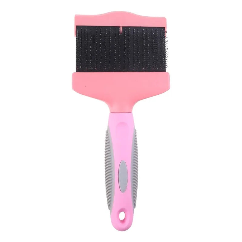 Blue double-sided pet brush with stainless steel pins next to a pink large version on a wooden surface.