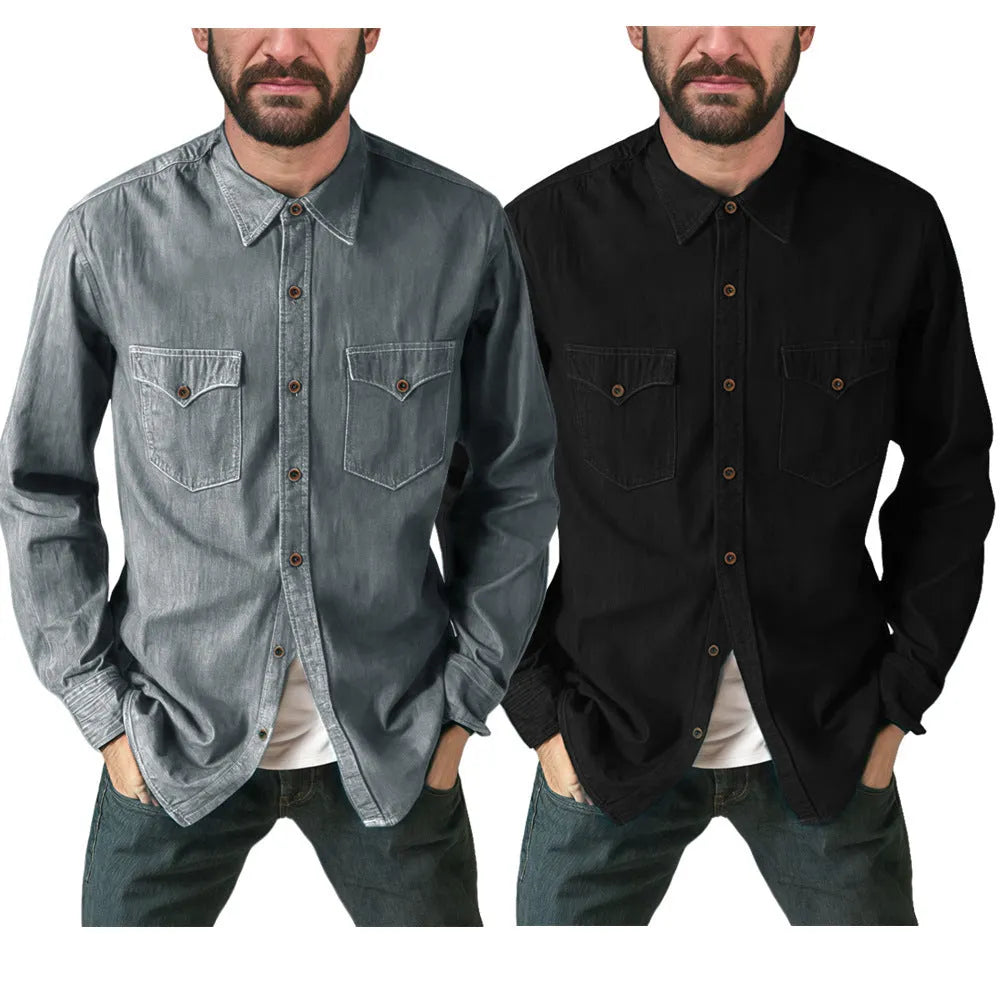 Men's regular fit denim cardigan coat in khaki, shown open over a white t-shirt.